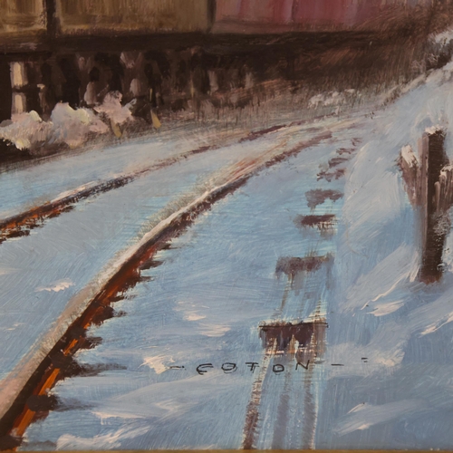 409 - Graham Coton, oil on board, steam engine train driving through a snowy landscape, signed, 44cm x 63c... 