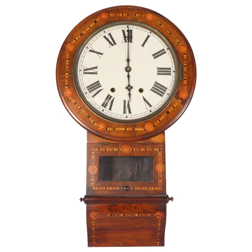 413 - A Victorian walnut 8-day drop-dial wall clock, with inlaid marquetry decoration, H73cm