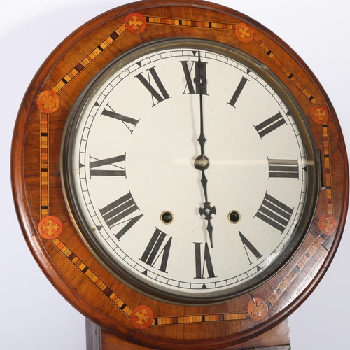 413 - A Victorian walnut 8-day drop-dial wall clock, with inlaid marquetry decoration, H73cm