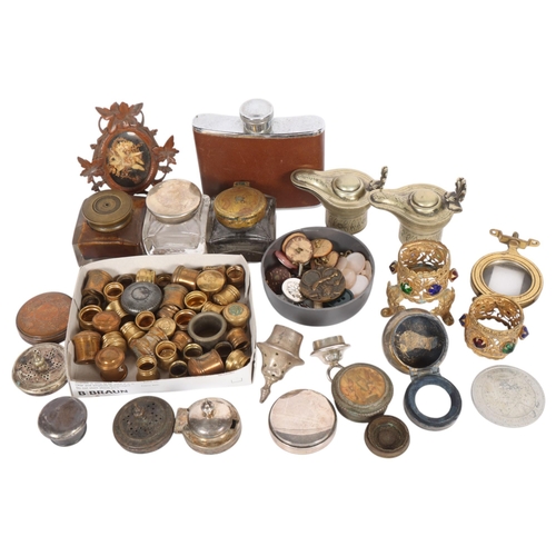 453 - A box of assorted items, including inkwells, hip flask, bottle tops, gilded mounts, etc