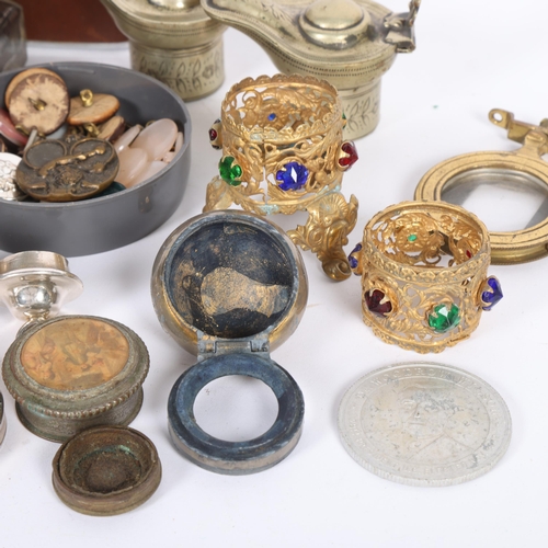 453 - A box of assorted items, including inkwells, hip flask, bottle tops, gilded mounts, etc