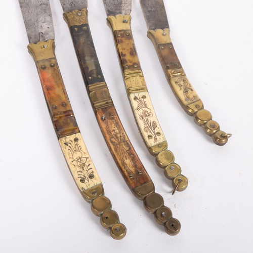 465 - 4 Spanish brass-mounted tortoiseshell and bone navaja folding knives, largest overall 45cm