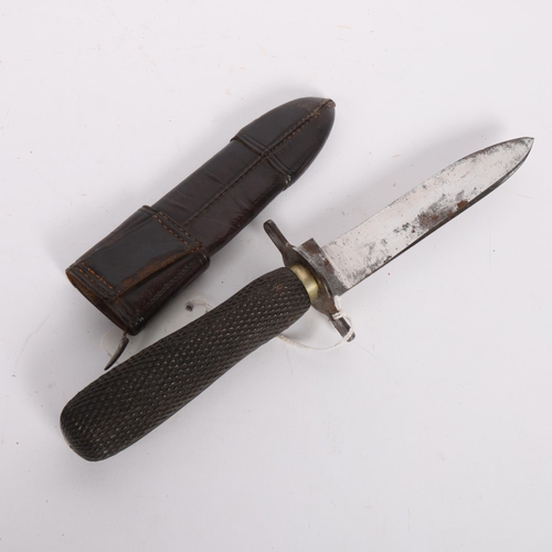 485 - An Antique bowie hunting knife, with knurled wood handle and original leather sheath, blade length 1... 