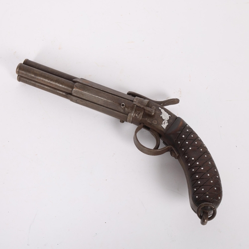 487 - A replica triple barrel percussion pistol, overall 25cm