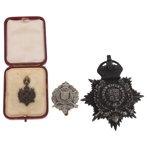 488 - London Rifle Brigade helmet plate, cap badge and fob (3)