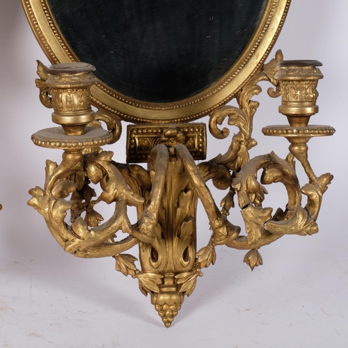 68 - A pair of Antique gilt and gesso Girandole mirrors, with acanthus leaf scrolled 2-branch sconces, H6... 