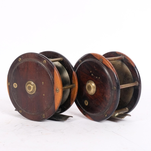 77 - A near pair of Antique walnut and brass ratchet fishing reels (1 width 4 and 1/4