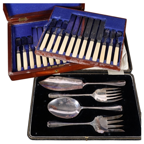 525 - A cased silver plated fish serving set, and dessert cutlery set for 12 people (2)