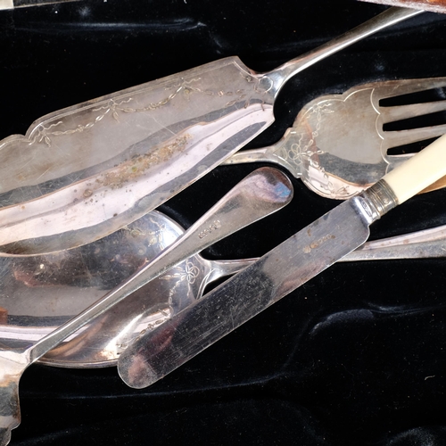 525 - A cased silver plated fish serving set, and dessert cutlery set for 12 people (2)