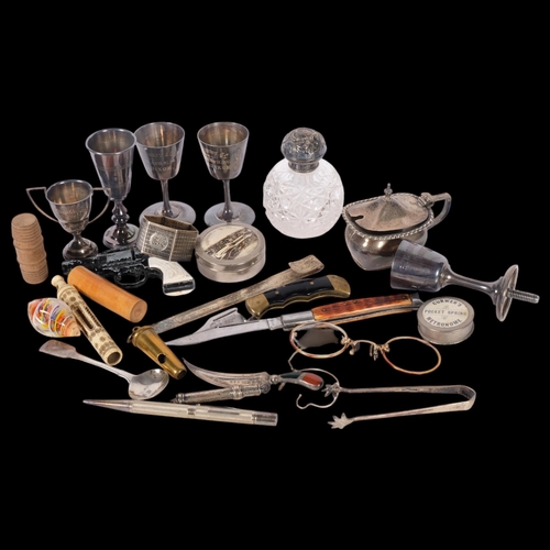 526 - Various silver and collectables, including small silver trophies, hardstone dagger bookmark, propell... 