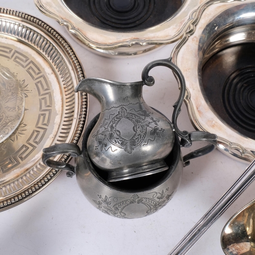 527 - Various silver plate, including pair of wine bottle coasters, punch ladle, sauce boat, etc