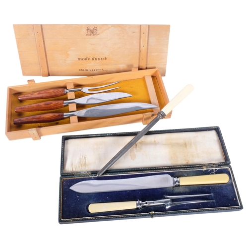 535 - A modernist stainless steel 'Mode Danish' carving set, by Westall Richardson, and another carving se... 