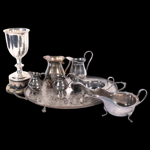 536 - Various silver plate, including trophy goblet, sauce boat, 2-handled tea tray, etc