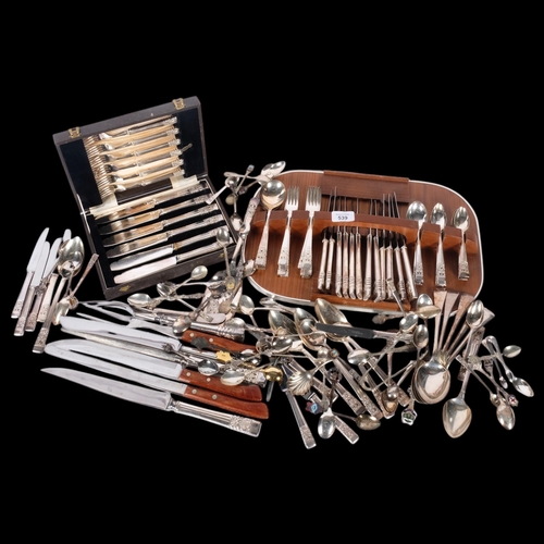 539 - A set of community silver plate cutlery for 6 people, various souvenir spoons, etc