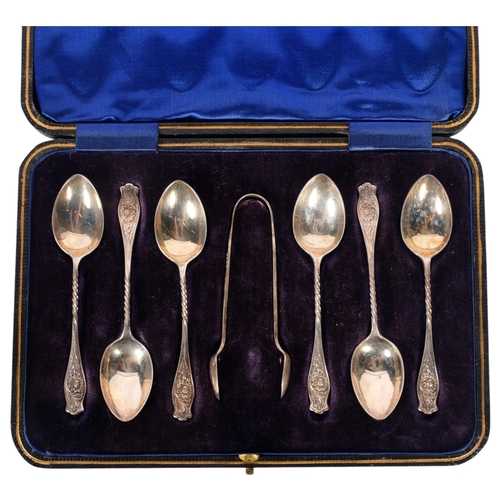 540 - A cased set of 6 Edwardian silver coffee spoons and matching sugar tongs, Martin, Hall & Co, Sheffie... 