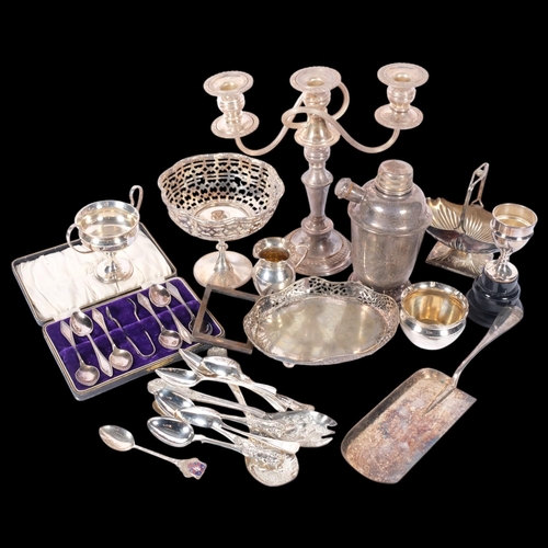 545 - Various silver plate, including table candlestick, Art Deco cocktail shaker, crumb tray, silver fram... 