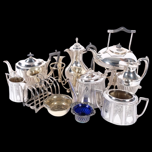 546 - Various silver plate, including 3-piece tea set, spirit kettle on burner stand, 7-bar toast rack, et... 