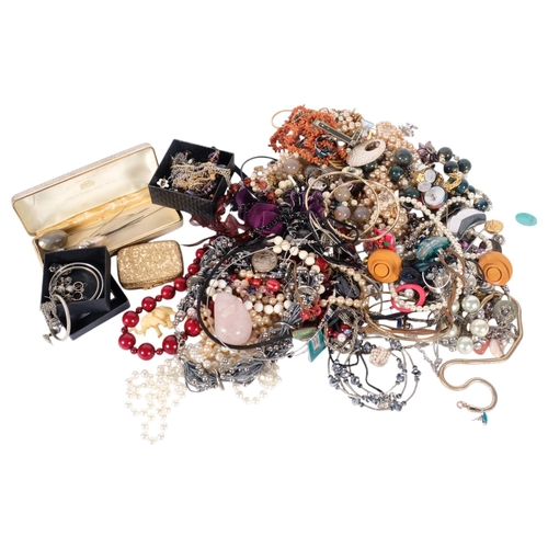 557 - Various costume jewellery, including silver marcasite wristwatch, bead necklaces, coral, etc