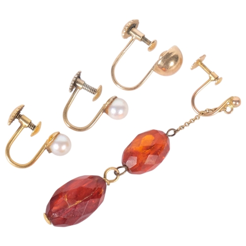 566 - Various 9ct gold earrings, including pearl and amber, 4.4g gross