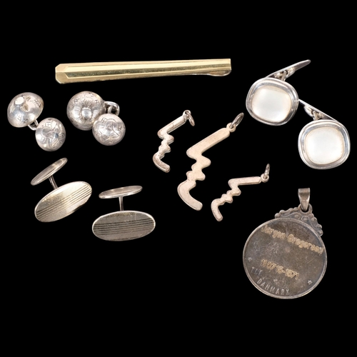 581 - Various silver jewellery, including 3 pairs of cufflinks, tie clip, etc