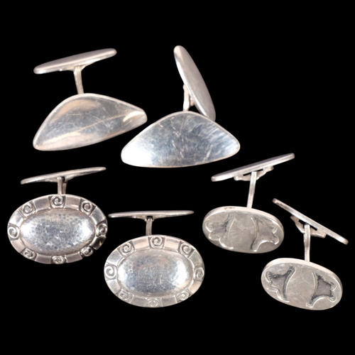 583 - 3 pairs of Danish silver cufflinks, makers include Christian Veilskov, largest 27.4mm, 25.3g total (... 