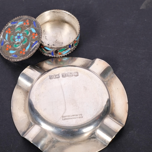 586 - A Mappin & Webb Elizabeth II silver ashtray, 8cm, and a sterling silver and enamel pillbox, 1.4oz to... 