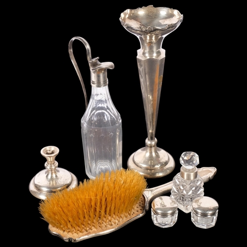 591 - Various silver, including George III silver-mounted glass cruet bottle, trumpet bud vase, dressing t... 