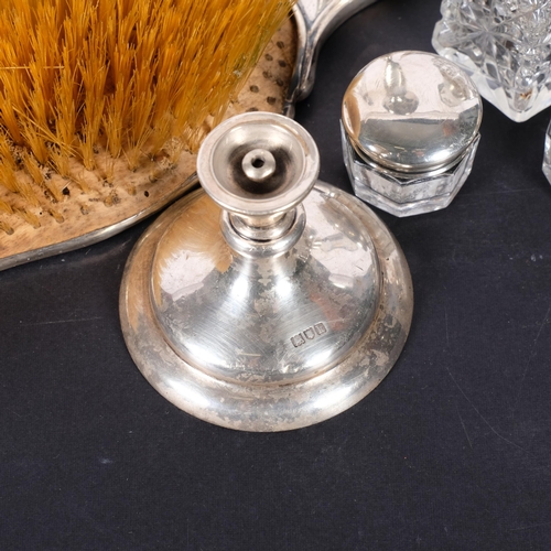 591 - Various silver, including George III silver-mounted glass cruet bottle, trumpet bud vase, dressing t... 