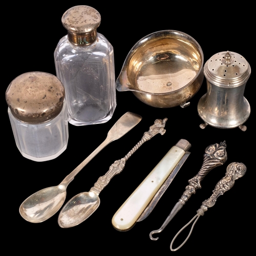 594 - Various silver, including toddy ladle bowl, faceted glass scent bottle, spoons, etc, 2.6oz weighable