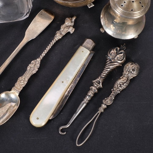 594 - Various silver, including toddy ladle bowl, faceted glass scent bottle, spoons, etc, 2.6oz weighable