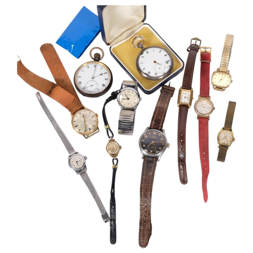 598 - Various watches, including Arlea, Omega Geneve, gunmetal pocket watch, etc