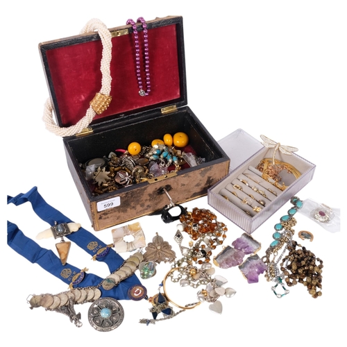 599 - Various silver and costume jewellery, including gold plated hoop earrings, chain necklace, amulet pe... 