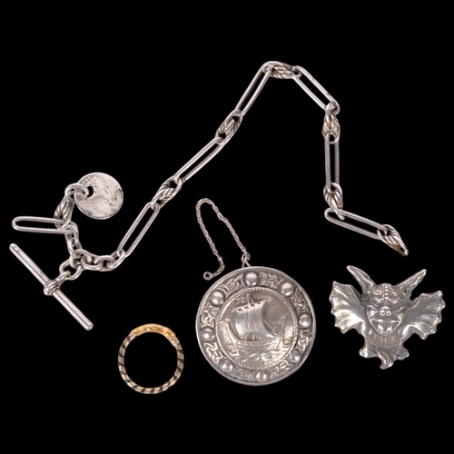 604 - A group of silver and other jewellery, including a Viking design brooch, an open link Albert, gargoy... 