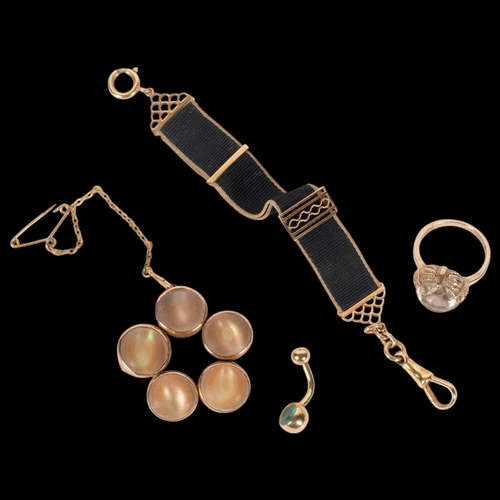 605 - A group of various 9ct jewellery, including a stone set ring, an opal brooch, fob, and a belly butto... 