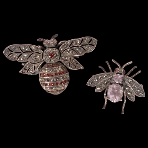 606 - A Vintage silver marcasite and red stone set brooch in the form of a bee, diameter 55mm, and a silve... 