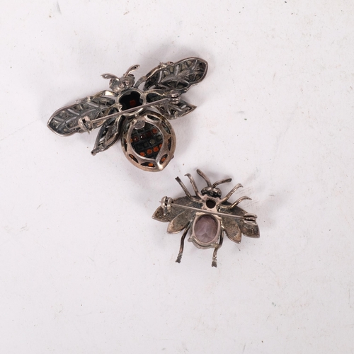 606 - A Vintage silver marcasite and red stone set brooch in the form of a bee, diameter 55mm, and a silve... 