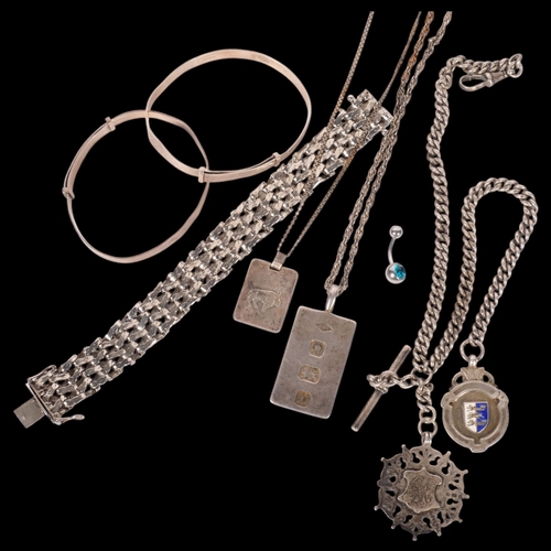 608 - A group of silver jewellery, including ingot and chain, gatelink bracelet, fob, an Albert, 2 bangles... 