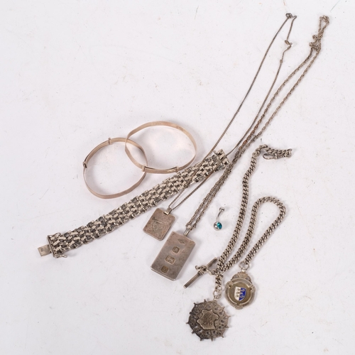 608 - A group of silver jewellery, including ingot and chain, gatelink bracelet, fob, an Albert, 2 bangles... 