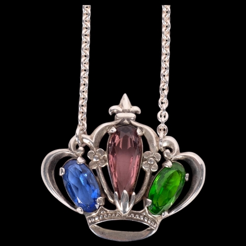 622 - DANSK HOLLANOSK, COPENHAGEN - a sterling silver and coloured stone set crown design pendant necklace