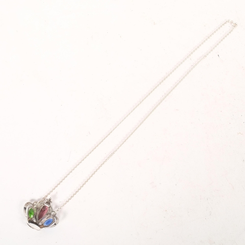 622 - DANSK HOLLANOSK, COPENHAGEN - a sterling silver and coloured stone set crown design pendant necklace