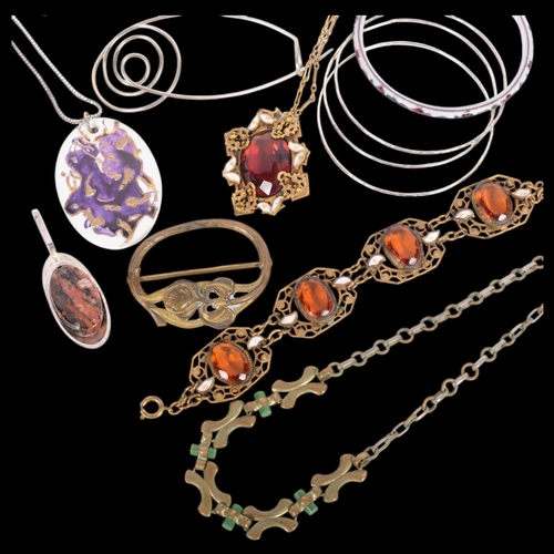 631 - A group of silver and other jewellery, including a stone set bracelet, an Art Nouveau buckle, bangle... 