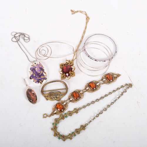 631 - A group of silver and other jewellery, including a stone set bracelet, an Art Nouveau buckle, bangle... 