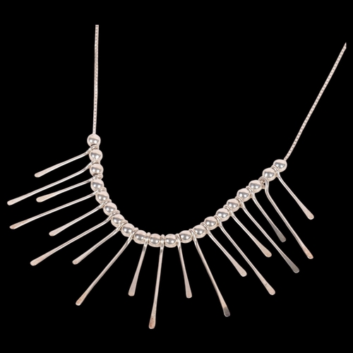 634 - A modernist sterling silver fringe necklace, with paddle and bead drops, 38cm, 9.3g