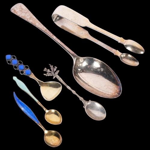 641 - A group of silver spoons and a sugar tong, including 3 Norwegian silver-gilt and enamelled examples,... 