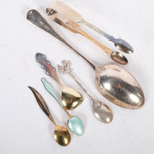 641 - A group of silver spoons and a sugar tong, including 3 Norwegian silver-gilt and enamelled examples,... 