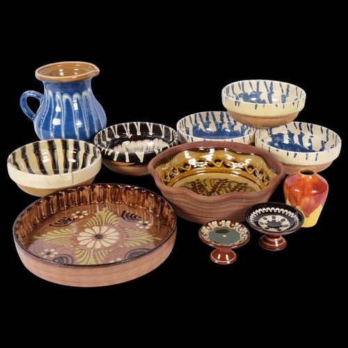 650 - A set of 5 glazed pottery bowls, 16cm, a Studio pottery vase, jug, and 2 dishes with painted floral ... 