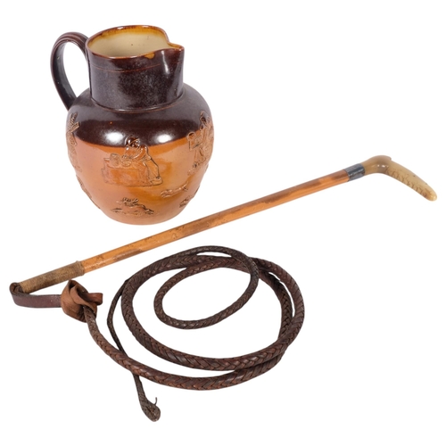 651 - A Victorian stoneware Harvest jug, H20cm, and a horn-handled riding whip