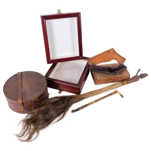 655 - A leather-covered wood pistol case, collar box, horse-hair switch, and child's riding crop, a Ralph ... 