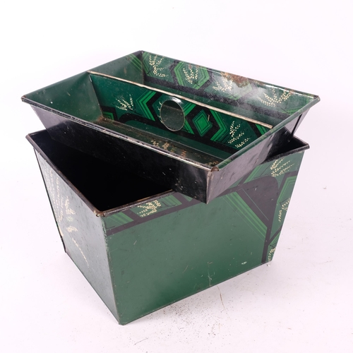 658 - Antique painted metal housemaid's bin, with lift-out 2-section tray top and painted decoration, L30.... 