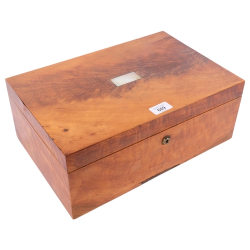 669 - An Antique flame veneered mahogany box, with tray-fitted interior, 38cm across